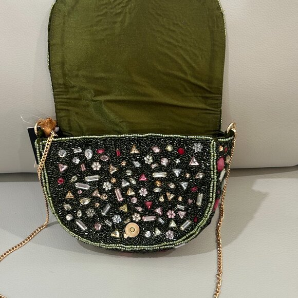 Beaded Jeweled Large Srones Dark Green Crossbody Bag From India to You NWT - Picture 6 of 6